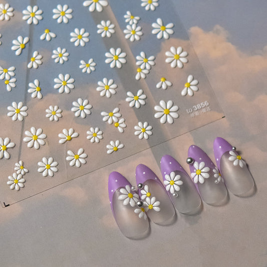 Vintage White Daisy Jelly Nail Stickers - 3D Translucent Floral Nail Art Decals with Pearl Accents, Retro Spring Design for Women, Salon-Quality Manicure