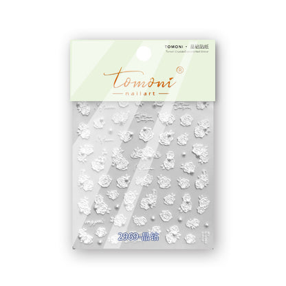 Vintage Black White Floral Nail Stickers with Pearls & Crystals - Elegant 3D Embossed Nail Art Decals with Butterfly Accents for Women, Salon-Quality Manicure