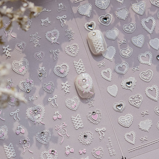 Romantic Heart Lace Crystal Nail Stickers - Delicate 3D Embossed Lace Patterns with Sparkling Rhinestones, Vintage Inspired Nail Art Decals for Women