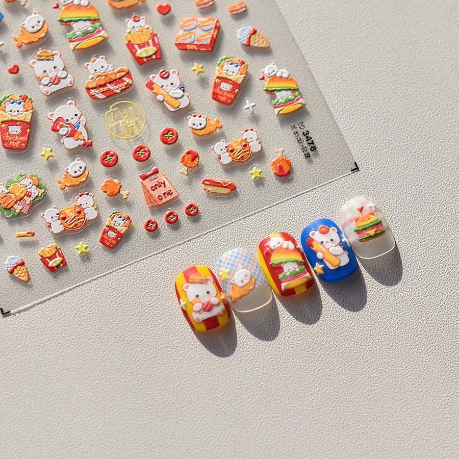Adorable Hamburger Puppy 3D Embossed Nail Stickers - Fun Food & Animal Themed Nail Art Decals with Cute Character Designs for Women and Girls