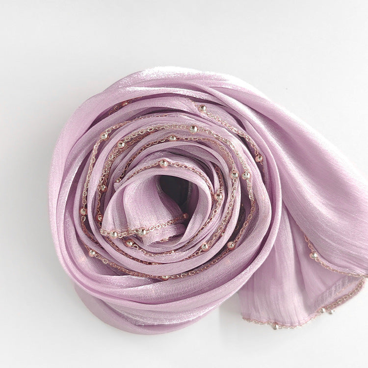 Shiny Satin Smooth Crepe Four-Sided Metal Chain Headscarf High-End Malay Middle Eastern Headscarf Arab