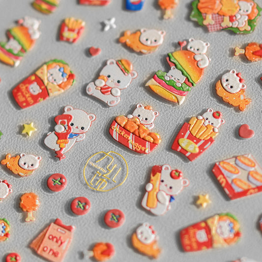 Adorable Hamburger Puppy 3D Embossed Nail Stickers - Fun Food & Animal Themed Nail Art Decals with Cute Character Designs for Women and Girls