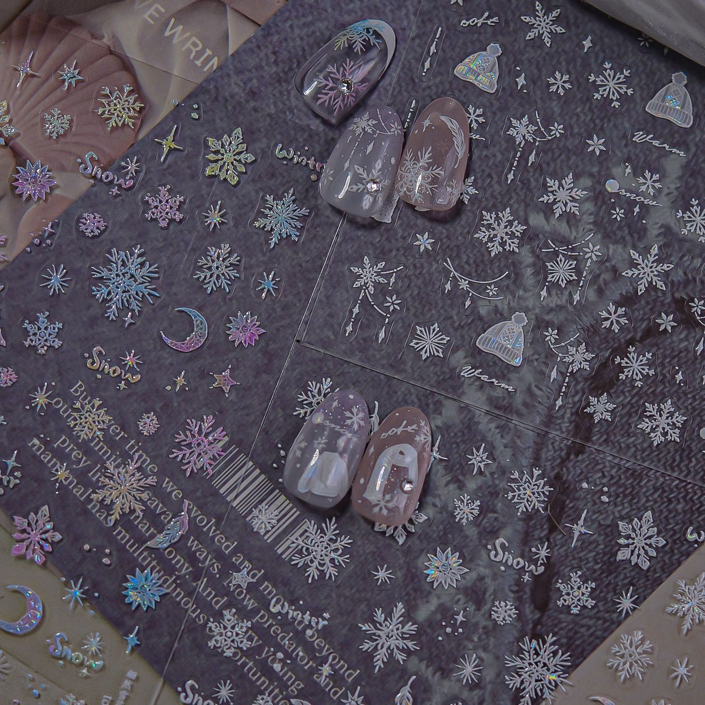 Winter Christmas Sweater Nail Stickers with Snowflake & Pearl Shell Glow - 3D Knit Texture Transparent Nail Decals for Holiday Parties, Festive Winter Manicure Designs