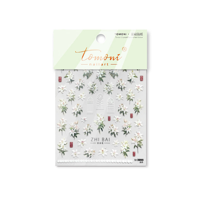 Vintage Lily Crystal Nail Stickers - Elegant 3D Floral Nail Art Decals with Sparkling Rhinestones