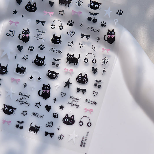 Adorable Black Cat Themed Nail Stickers - 30 PCS Thin yet Durable Flexible Nail Art Decals with Playful Kitty Designs for Women and Girls, Cute Animal Nail Decor