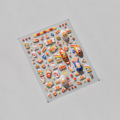 Adorable Hamburger Puppy 3D Embossed Nail Stickers - Fun Food & Animal Themed Nail Art Decals with Cute Character Designs for Women and Girls