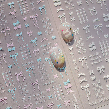 Pink Blue Bow Nail & Phone Stickers Set - Ultra Thin yet Durable Glossy Nail Art Decals and Phone Case Decor with 3D Effect, Cute Pastel Nail Designs for Women and Girls