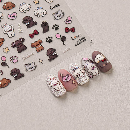 Adorable Hamburger Puppy 3D Embossed Nail Stickers - Fun Food & Animal Themed Nail Art Decals with Cute Character Designs for Women and Girls