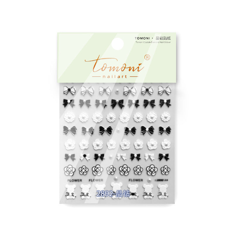 Vintage Black White Floral Nail Stickers with Pearls & Crystals - Elegant 3D Embossed Nail Art Decals with Butterfly Accents for Women, Salon-Quality Manicure