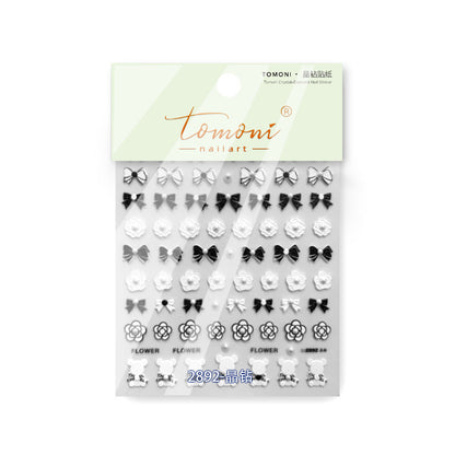 Vintage Black White Floral Nail Stickers with Pearls & Crystals - Elegant 3D Embossed Nail Art Decals with Butterfly Accents for Women, Salon-Quality Manicure