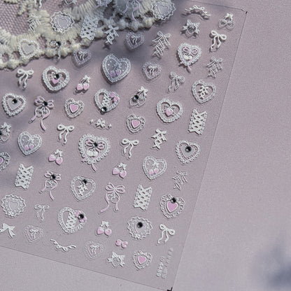 Romantic Heart Lace Crystal Nail Stickers - Delicate 3D Embossed Lace Patterns with Sparkling Rhinestones, Vintage Inspired Nail Art Decals for Women