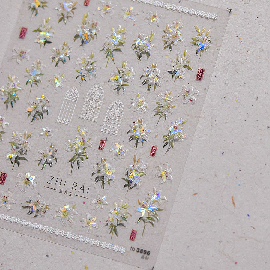 Vintage Lily Crystal Nail Stickers - Elegant 3D Floral Nail Art Decals with Sparkling Rhinestones