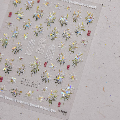 Vintage Lily Crystal Nail Stickers - Elegant 3D Floral Nail Art Decals with Sparkling Rhinestones