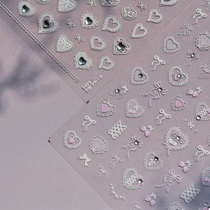 Romantic Heart Lace Crystal Nail Stickers - Delicate 3D Embossed Lace Patterns with Sparkling Rhinestones, Vintage Inspired Nail Art Decals for Women