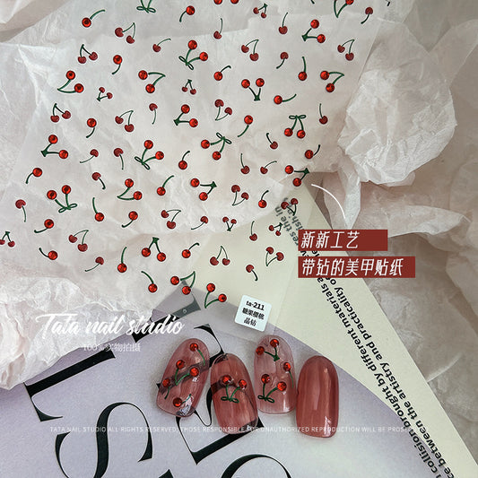 Adorable Cherry with Crystal Nail Stickers - 3D Sparkling Fruit Nail Art Decals with Jewel Accents, Sweet Summer Design for Women and Girls