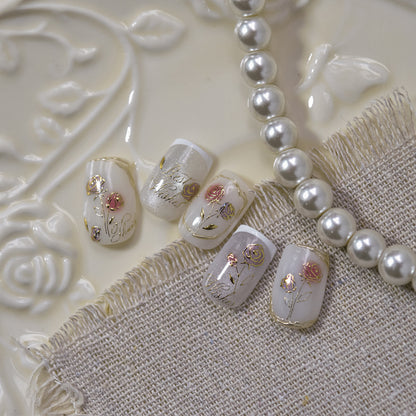 Vintage Blush Rose Metal Nail Stickers - Retro Nail Art with Metallic Rose Gold Accents, 3D Floral Embossed Nail Decals for Women, Elegant Romantic Nail Designs