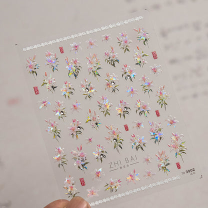 Vintage Lily Crystal Nail Stickers - Elegant 3D Floral Nail Art Decals with Sparkling Rhinestones