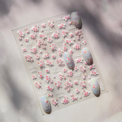 Embossed Nail Stickers Spring Outing Hot-Selling Cherry Blossom Soft Mist Pink Nail Stickers Spring Sakura Decorative Stickers