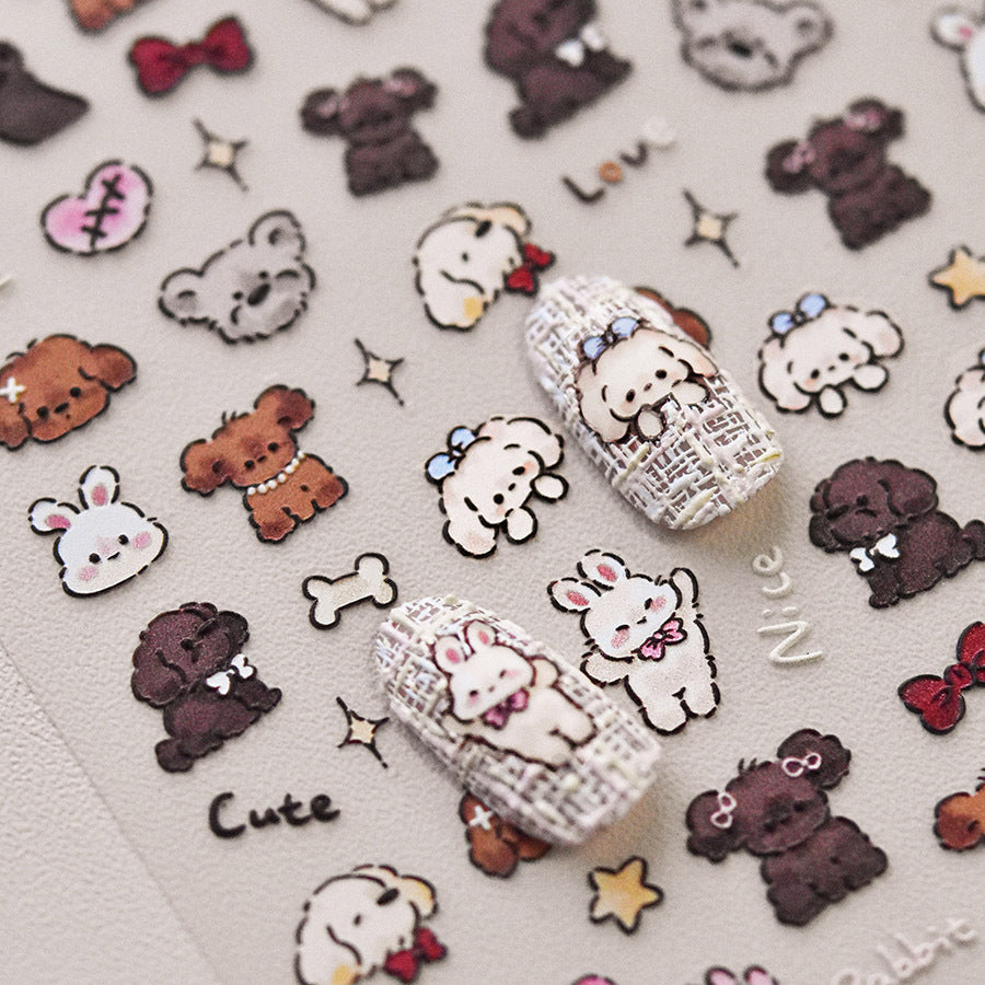 Adorable Hamburger Puppy 3D Embossed Nail Stickers - Fun Food & Animal Themed Nail Art Decals with Cute Character Designs for Women and Girls