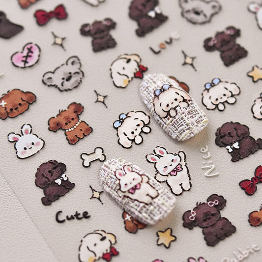 Adorable Hamburger Puppy 3D Embossed Nail Stickers - Fun Food & Animal Themed Nail Art Decals with Cute Character Designs for Women and Girls