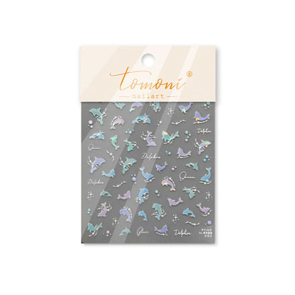 3D Glossy Dolphin Nail Stickers with Pearl Bubbles - Summer Water Light Nail Art Decals, Shimmering Ocean Theme Nail Designs with Shell Glow Effect